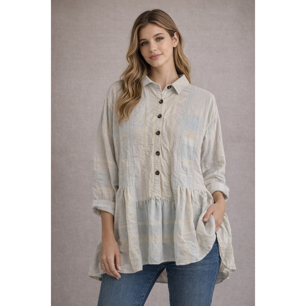 Free People Striped Babydoll Tunic Top Blue Cream Oversized Button Down XS